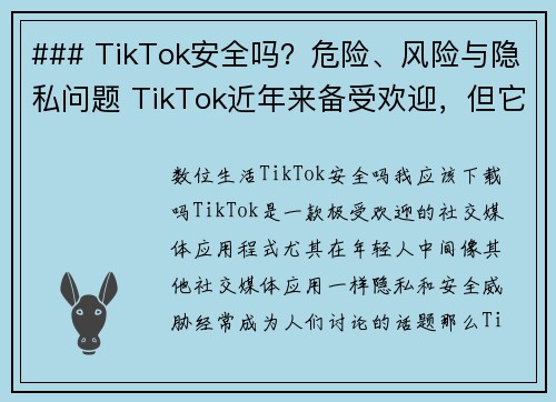 ### TikTok安全吗？危险、风险与隐私问题 TikTok近年来备受欢迎，但它的安全性、潜在